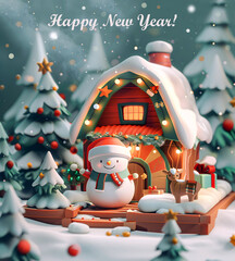 Happy New Year! Holiday card design with a snowman. Christmas tree, snowflakes, joy, happiness, wish fulfillment