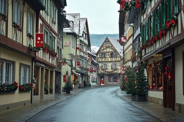 Fototapeta premium Explore a charming European Christmas street adorned with festive decorations and winter beauty