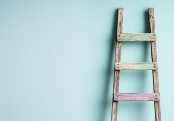 青い壁に立てかけられたカラフルな木製のはしご