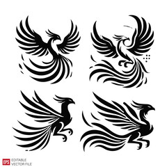 set of various phoenix tattoo Silhouettes Black and White Illustration Designs on White Background