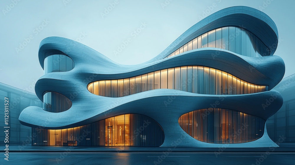 Poster This modern building features a striking curve pattern on its facade, illuminated by soft light, creating a dramatic atmosphere during twilight