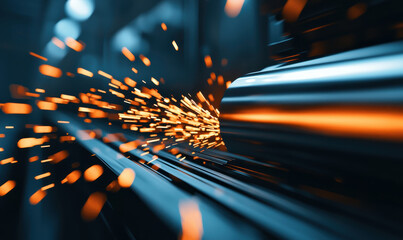 Dynamic Motion of Orange Sparks in Industrial Setting with Blue Steel Background