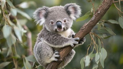 A cute koala lounges comfortably on a sturdy tree branch, its fluffy ears and big nose adding charm to the serene Australian landscape