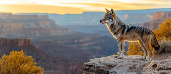 A lone wolf stands on a cliff overlooking a vast canyon, bathed in the warm glow of sunrise.