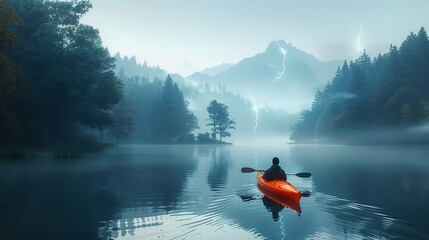 A kayaker paddling down a tranquil river, surrounded by the beauty of nature and the serenity of the weekend.