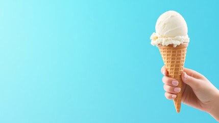 A hand holding a cone of ice cream against a blue background.