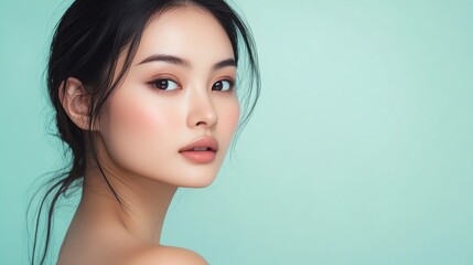 Naklejka premium A young woman with flawless skin and dark hair looks over her shoulder toward the camera.