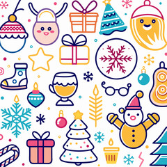 Colorful Christmas pattern with festive icons including gifts, ornaments, Santa, and snowflakes.