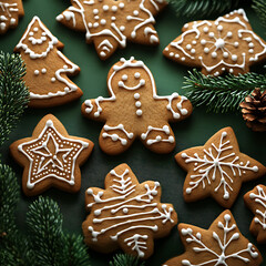 Festive Collection of Delicious Holiday Gingerbread Cookies with Intricate Icing Designs Surrounded by Pine Branches and Natural Decor for Celebrating the Season