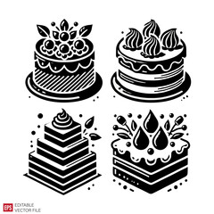 birthday cake Silhouettes Black and White Illustration Designs on White Background