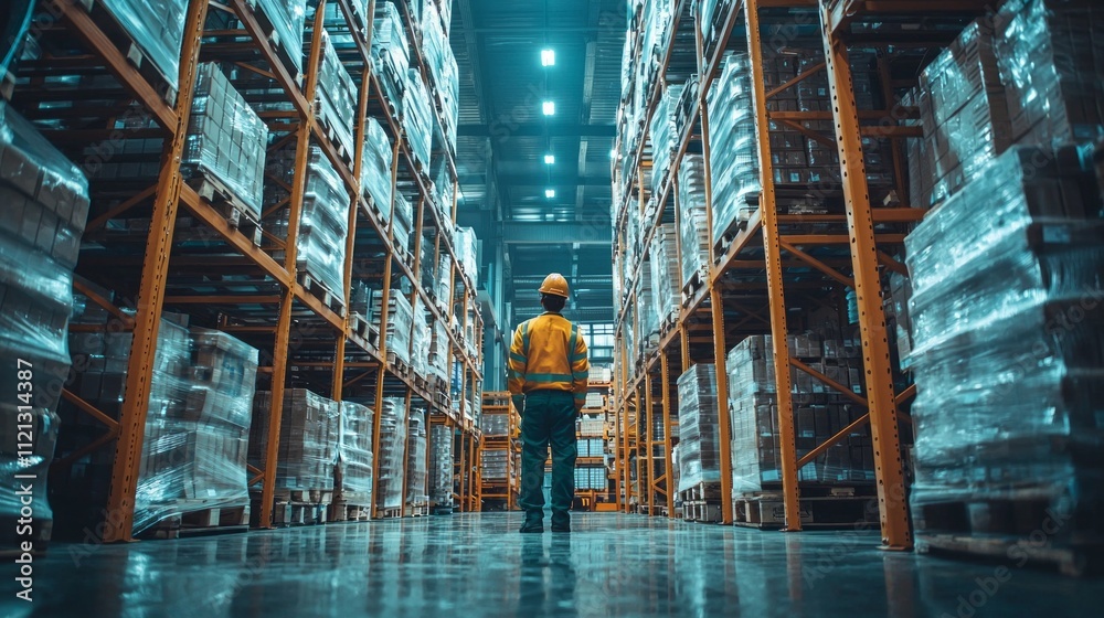 Poster a skilled engineering team assesses operational workflow in a spacious warehouse filled with organiz