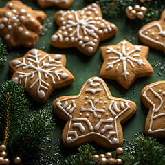 Festive Close-Up of Holiday Gingerbread Cookies Decorated with Icing, Set Against a Green Background Surrounded by Decorative Greenery and Ornaments
