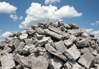 建設現場の廃棄物としてのコンクリートの山と青空の背景