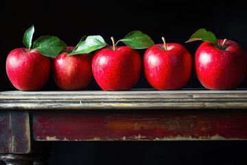 Five vibrant red apples with green leaves arranged on a rustic wooden table against a dark backdrop.