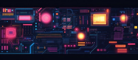 Obraz premium A glowing futuristic circuit board with neon lights and digital displays.