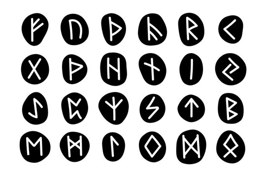 Runes ink black silhouettes, symbols big set, clipart. Scandinavian, celtic druid traditional magic fortune teller device. Simple modern editable design.