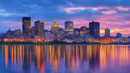 Naklejka premium Vibrant city skyline at sunset reflected in calm water.
