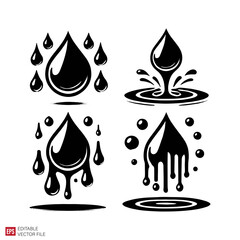 set of various water drop Silhouettes Black and White Illustration Designs on White Background