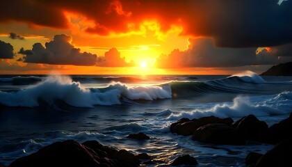 Obraz premium Dramatic orange sunset with waves on the beach