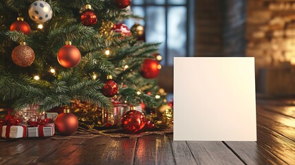 Blank Card Propped Against a Christmas Tree Base with Festive Decorations in a Cozy Setting