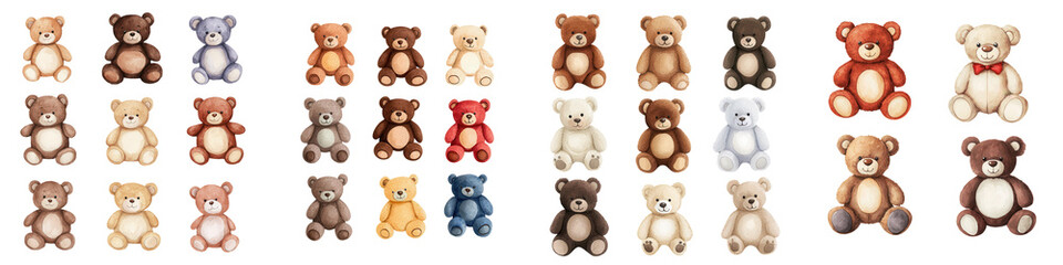 Cuddly teddy bears in various colors and styles, perfect for gifts, isolated on transparent background.