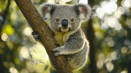 Naklejka premium A lively koala is seen nestled on a sturdy tree branch, surrounded by vibrant foliage in an Australian forest