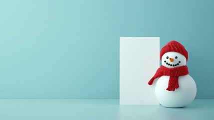 Cheerful Snowman Figurine Displayed Next to an Empty Card Against a Soft Blue Background