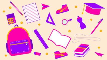 Flat illustration of school stuffs, education stuffs. Colorful illustrations.