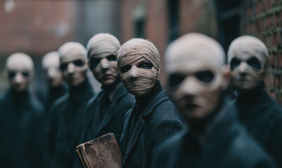 Mysterious Group of Masked Figures in Dark Urban Setting