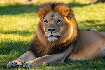 Obraz premium A regal lion resting on a grassy plain, exuding power and calmness under golden sunlight. A symbol of strength and wildlife majesty.