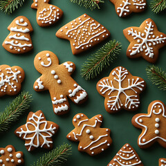 Festive Gingerbread Cookies on Green Background with Icing Decorations and Pine Sprigs for Holiday Treats and Celebratory Events