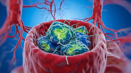 A 3D illustration showcasing cancer cells (dark purple/blue) with prominent orange protrusions, surrounded by a transparent molecule (light blue/gray) with a target center, suggestive of targeted ther