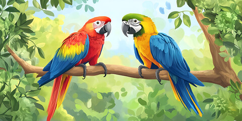 Naklejka premium Red and Green Parrots on Branch in Lush Forest