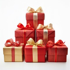Obraz premium Christmas presents in red and gold wrapping, neatly arranged in a row, isolated on a white background, highlighting their festive charm