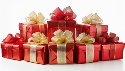 Obraz premium Christmas presents in red and gold wrapping, neatly arranged in a row, isolated on a white background, highlighting their festive charm