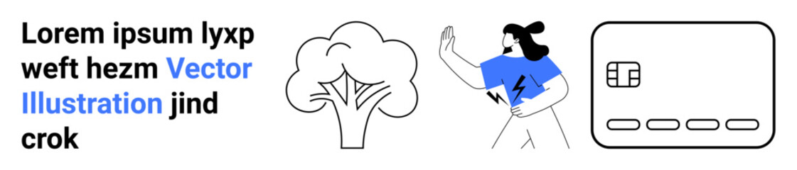 Woman in blue sweater extending arm toward a browser interface, standing by a tree and credit card icon. Ideal for concepts technology, finance, environmental awareness, web development, e-commerce