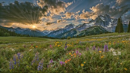 Fototapeta premium Vibrant Wildflowers with Majestic Mountain Peaks at Sunrise.