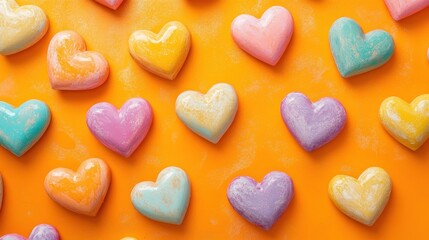 Obraz premium A mix of pastel and vivid hearts set against a lively orange background, creating a cheerful and loving atmosphere