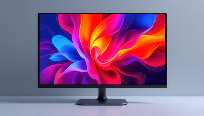 Frameless LED TV IPS monitor with wide flat screen and vibrant wallpaper, isolated on white background