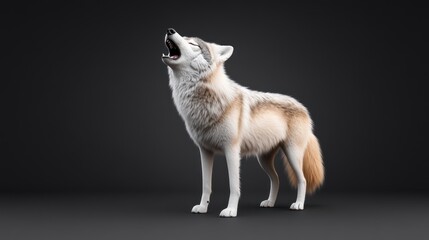 A realistic wolf howling against a dark background.