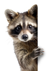 Raccoon peeking around corner isolated on transparent background