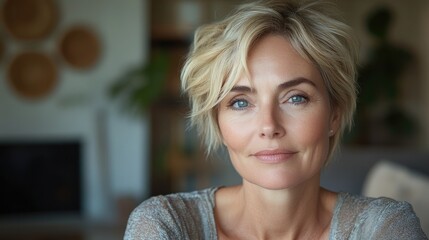 Portrait of beautiful smiling mature woman with blond hair looking at camera