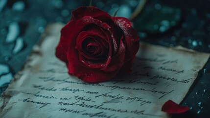 A red rose with ink-stained petals lies atop an old handwritten letter, evoking themes of love and sorrow