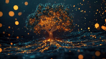 Illuminated tree of life digital forest 3d render enchanted atmosphere abstract concept art
