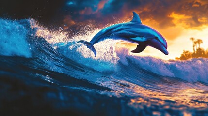 Naklejka premium Dolphin Leaping Over Sunset Wave: An Ocean Paradise