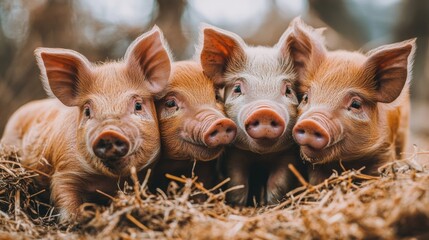 Group of piglets huddling close together in the shade, surrounded by hay