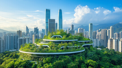 Naklejka premium Green Cityscape: A futuristic vision of urban sustainability, a green oasis rises amidst towering skyscrapers, showcasing a harmonious blend of nature and technology. 
