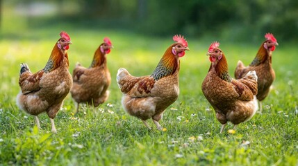 Hens walking in a grassy field with scattered wildflowers