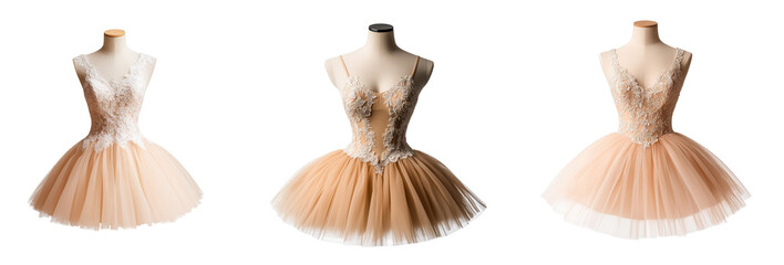 Elegant ballet dresses with intricate lace details and tulle skirts, isolated on transparent background.