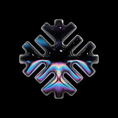 3d glass snowflake with holographic gradient surface, shiny highlights, reflective details, and iridescent rainbow effects. Isolated vector for Christmas, New Year, holiday, festive seasonal design